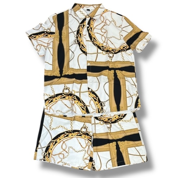 Shein Manfinity Chain Print Shirt & Short Set Men's XXL Equestrian Luxury Style - Picture 1 of 14